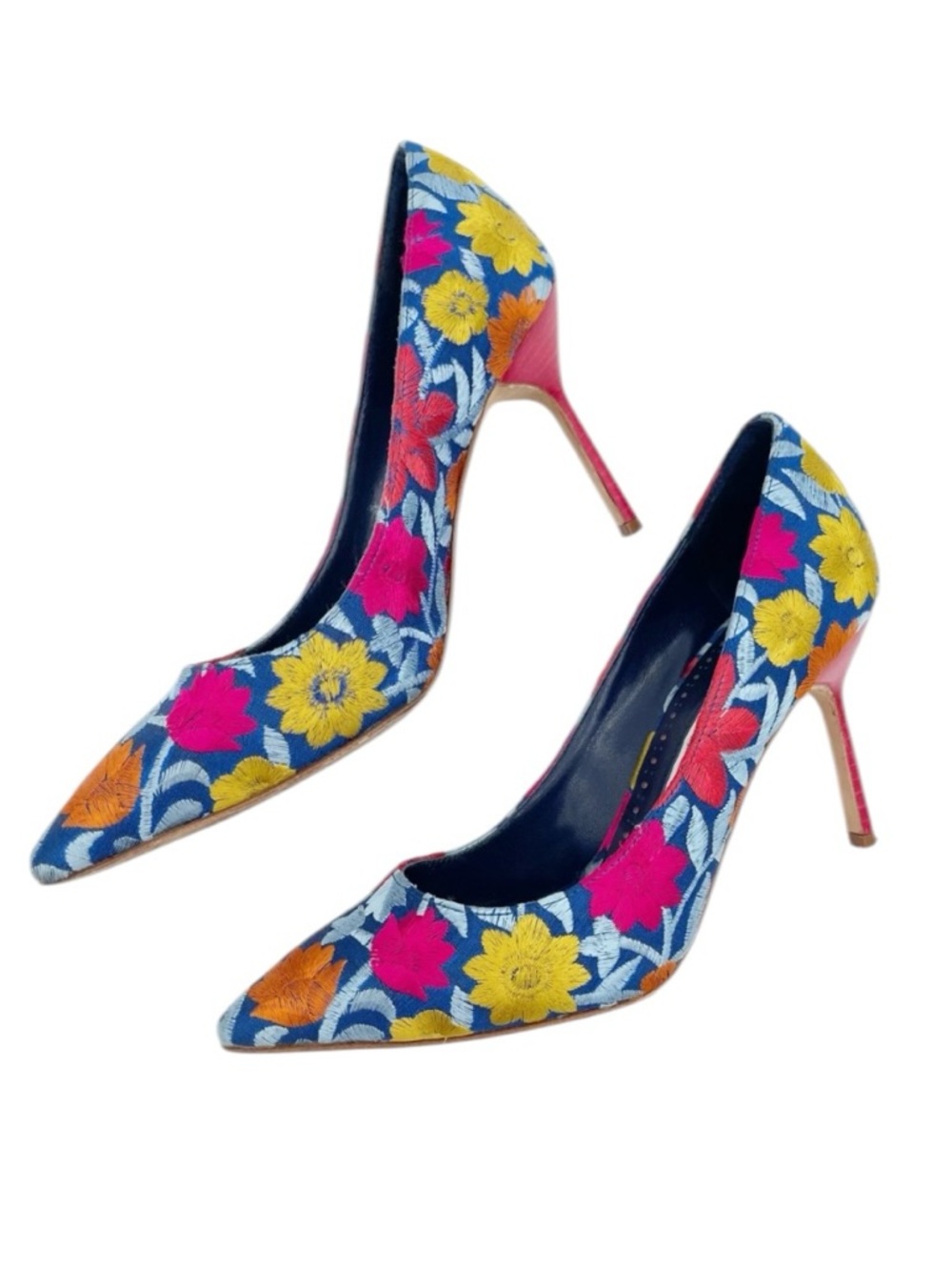 Manolo Blahnik BB 90 Blue Floral Embroidered Pointed Toe Pumps Stiletto Heels 38 - Picture 4 of 13